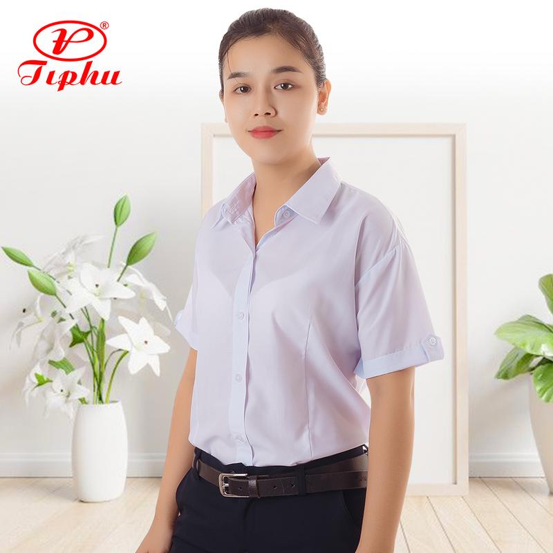 Áo sơ mi trắng nữ sinh chiết eo tay ngắn, tay cách điệu nhẹ nhàng, vải KT Silk mềm mại, bigsize đến 80kg