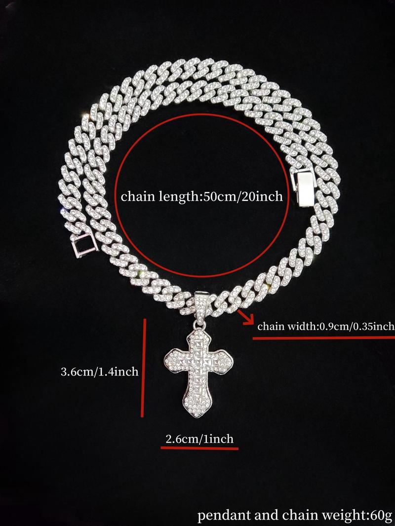 Product Introduction of 2024 Trendy Rhinestone Cross Pendant Necklace for Men & Women,  Punk Style Cuban Link Chain Jewelry Gift for Daily Decoration, Classic Fashion Accessories for Party, Club 1