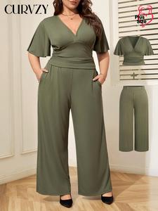 CURVZY Plus Size Two-Piece Set Solid Color Butterfly Sleeve Tee & Wide Leg Pants, Casual V Neck Top & Trousers for Daily Wear, Women's Two-piece for All Seasons