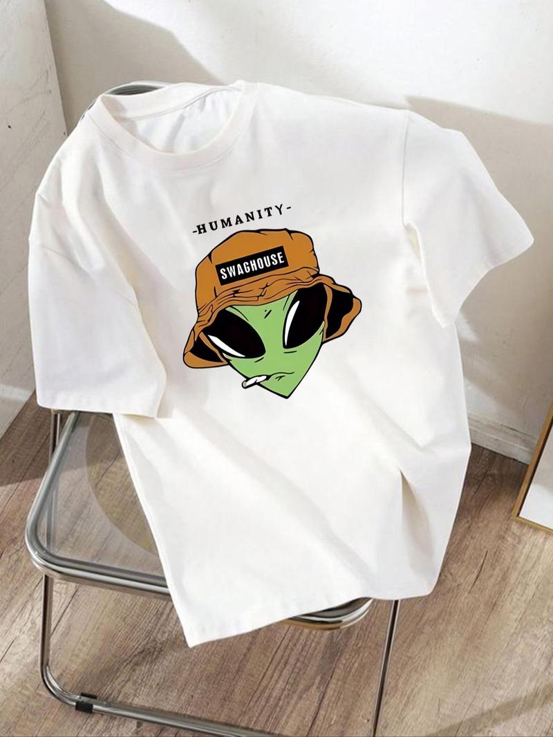 Product Introduction of Men's Cartoon Alien & Letter Print Round Neck Tee, Casual Short Sleeve T-shirt for Summer, Men's Top for Daily Wear 1