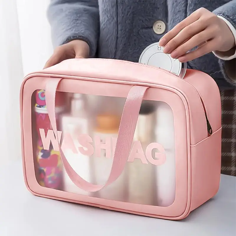 Translucent Makeup Bag with Handle, Portable & Dustproof & Large Capacity Cosmetics Storage Bag, Zipper Makeup Organizer Pouch, Wet & Dry Uses Storage Bag, Christmas Gift 2