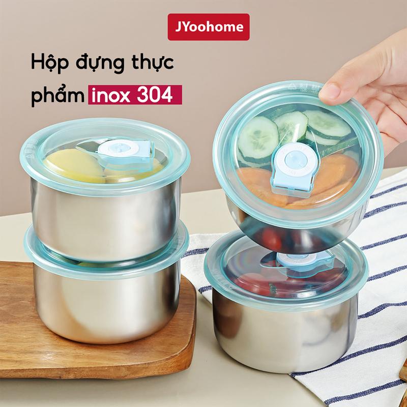 Bộ 5 Hộp đựng thực phẩm Inox 304 chống rỉ JYoohome Có nắp nhựa, Hộp đựng thức ăn tủ lạnh dùng được cho lò vi sóng