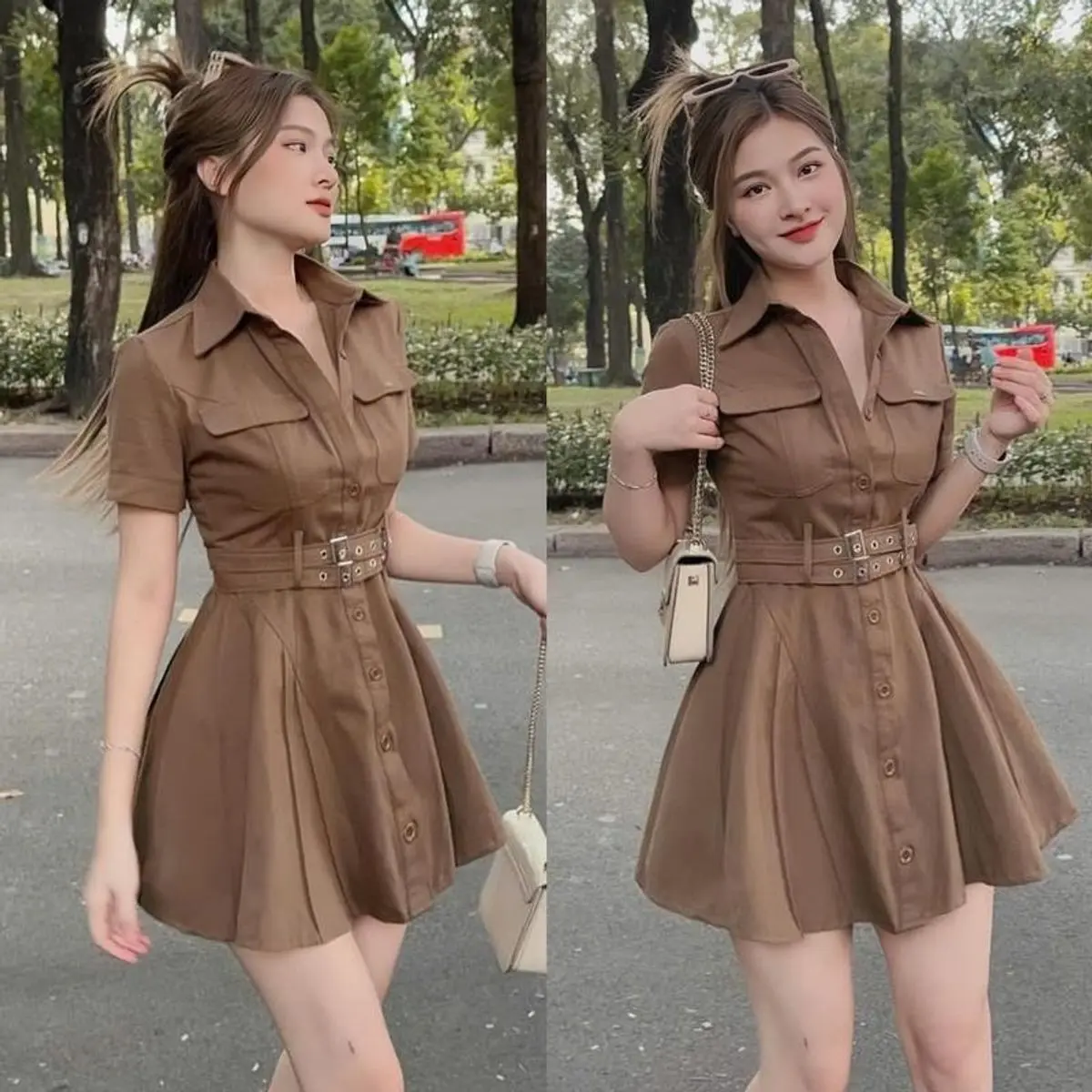 Váy dự tiệc phối nút cài thật kèm thoắt Lưng dáng xòe xinh xắn dành cho các nàng. Dress Kaki Nữ Nhung
