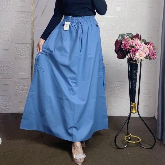 Zilka Rok Panjang Wanita Cargo Katun Jumbo A-Line Maxi Serut Tebal Dengan Saku Samping Nyaman Formal 6