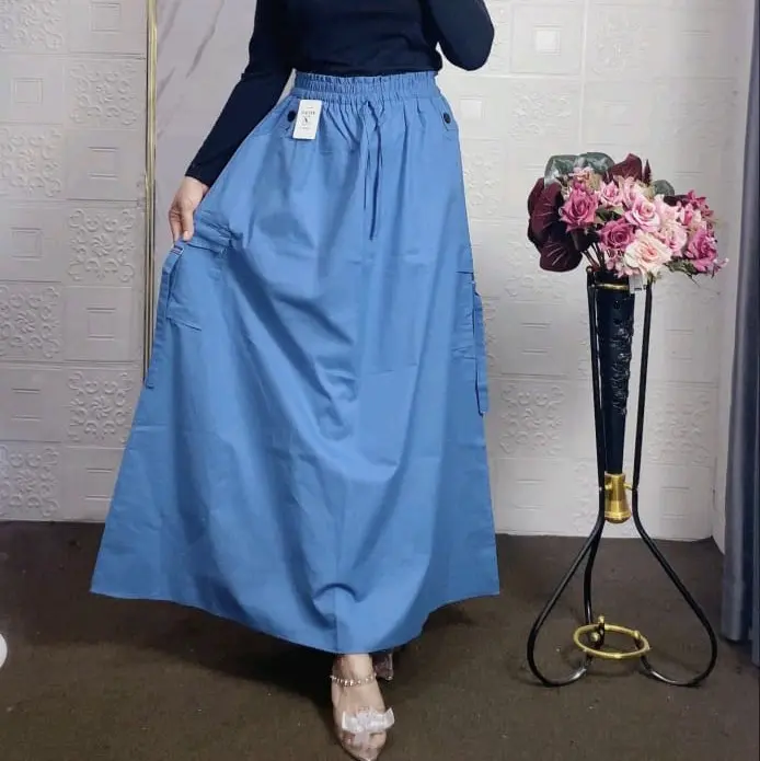 Zilka Rok Panjang Wanita Cargo Katun Jumbo A-Line Maxi Serut Tebal Dengan Saku Samping Nyaman Formal 5