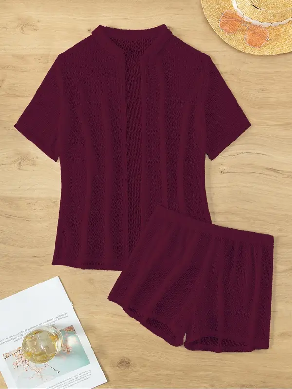 Women's Solid Color Open Front Cover Up & Shorts Set, Casual Fashion Swimwear Set for Beach Holiday Vacation, Ladies Swimsuit for All Seasons, Beach Cover Ups, Swimming 5