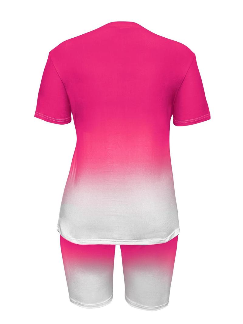Product Introduction of 【Plus Size】 Ombre Print Tee & Shorts Two-piece Set, Casual Round Neck Short Sleeve T-shirt & Shorts, Women's Two-piece for Spring & Fall, Womenswear 4