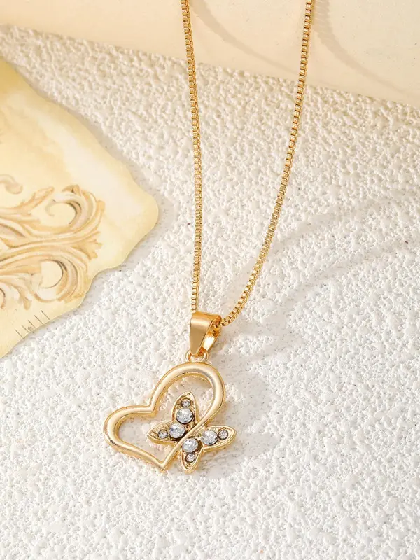 Women's Elegant Heart & Butterfly Design Pendant Necklace, Exquisite Trendy Pendant Necklace, Chic Jewelry As Gift for Girlfriend 4