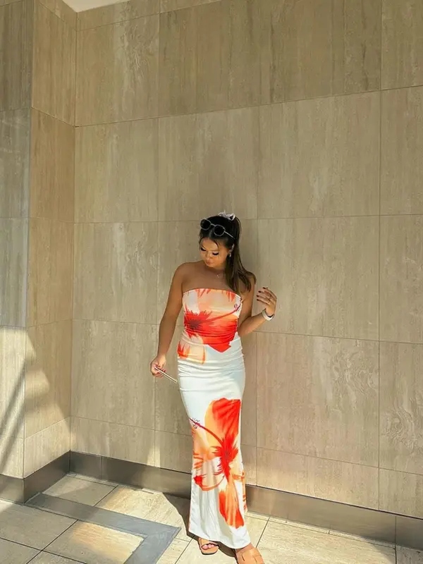 Women's Floral Print Backless Bodycon Dress, Slim Fit Lady Boho Casual Strapless Long Dress for Summer, Sundress Maxi Dress, Dresses for Women, Fashion Women's Clothing for Beach Holiday Party, Summer Dresses 2025, Womenswear, Summer Clothes Women 8