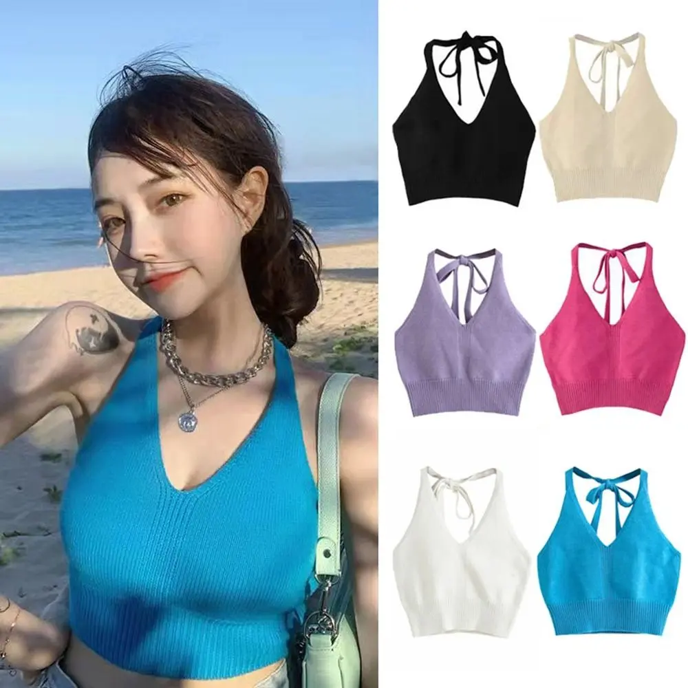 Áo Hở Eo Dệt Kim, Thời Trang, Không Tay, Co Giãn Cao, Áo Vest Có Dây Đeo, Mềm Mại, Cổ yếm Ngắn, Áo Hai Dây Cho Nữ