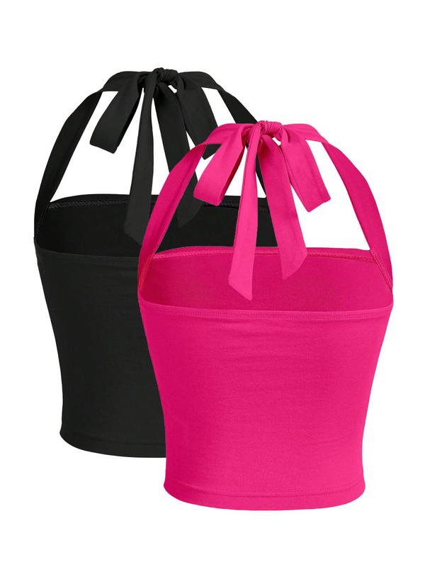 Women's Solid Ruched Halter Neck Backless Crop Top, Summer Clothes, Going Out Top, Holiday Outfits, Casual Elegant Sleeveless Tie Back Top for Summer, Ladies Clothes for Daily Wear 8