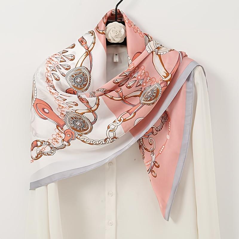 Product Introduction of Elegant Pink & White Paisley Silk Scarf  35.4" Square Satin Shawl with Vibrant Floral Patterns, Breathable & Decorative for Casual Outings, Decorative Scarf | Borders | Woven Texture 0