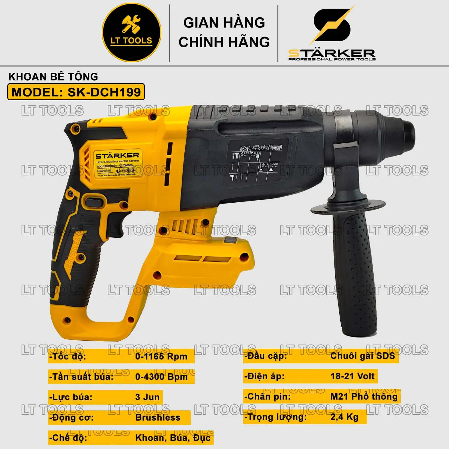 Máy Khoan bê tông STARKER SK-DCH199, 3 Chế độ, Chuôi gài SDS, Brushless, Chân pin Makita phổ thông M21 - Model: STARKER SK-DCH199