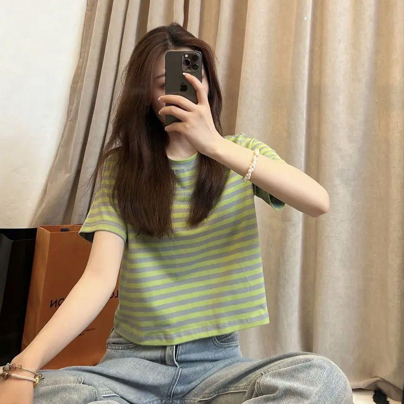 Áo Phông Sọc Sang Trọng Bằng Vải Bông, Dành Cho Phụ Nữ, Mùa Hè, Cạp Cao, ngắn Tay Áo, Ins Bó Sát, 2022 Hàng Mới Về, Cô Gái Nóng Bỏng Sành Điệu Và Hợp Xu hướng, Áo Trên 0
