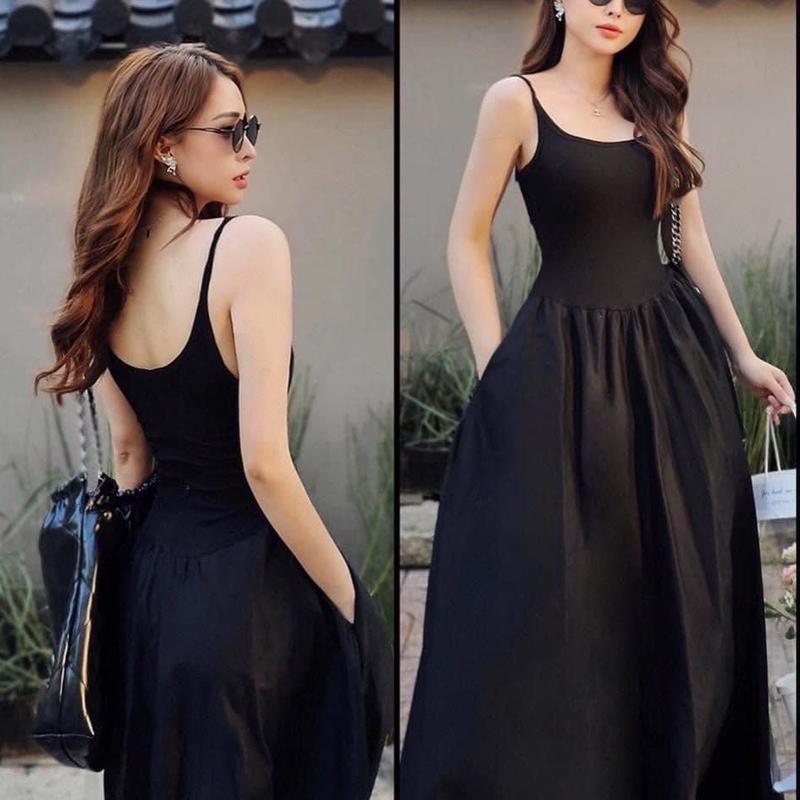 Đầm 2 dây gân phối tùng bèo ( có túi ) chất thun tăm