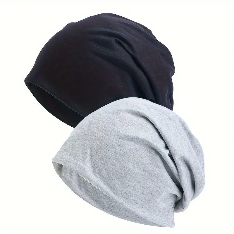 2pcs Soft Polyester Slouchy Beanie Hats for Women - Stretchy, Breathable Ear Warmer Headscarf Caps in Black & Gray - Hand Washable, Ideal for Postpartum Recovery & Chemo Patients 0