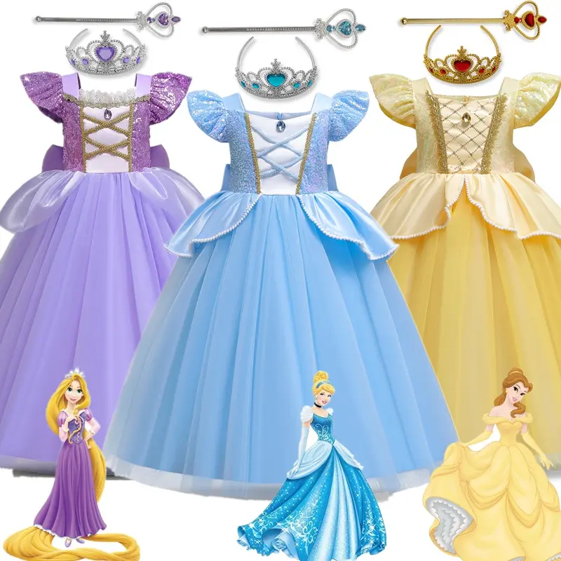ชุดเด็กผู้หญิง Rapunzel, WFRV, สำหรับเด็ก, ชุดคอสเพลย์เจ้าหญิงฮาโลวีน, เหมาะสำหรับงานเลี้ยงวันเกิด, เสื้อผ้าตาข่ายเลื่อม, ชุดเจ้าหญิงเบล, ชุดเด็กผู้หญิงซินเดอเรลล่า
