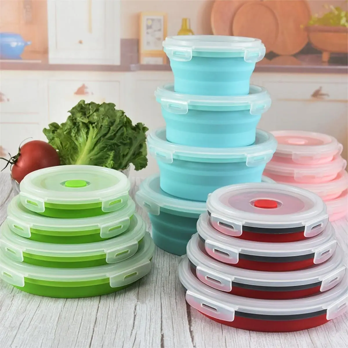 Food Storage Container with Lid, 4 Counts/set Collapsible Food Storage Box, Durable Food Storage Container for Home Kitchen Outdoor Camping, Utensils