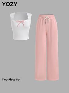 YOZY Women's Solid Bow Decor Top & Drawstring Waist Pants Two-piece Set, Casual Sleeveless Top & Wide Leg Trousers for Summer, Ladies Clothes for Daily Wear
