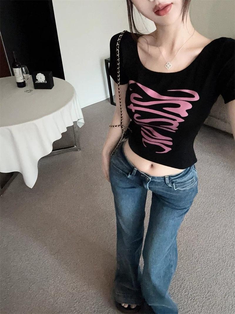Product Introduction of Hot Design girls lace-up backless shoulder short sleeve top WOMEN'S slim fit slimming handbag color printed short T-shirt 14