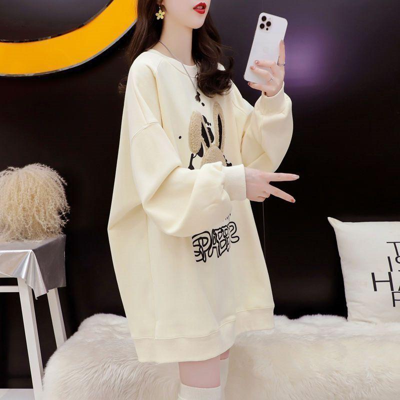 Product Introduction of Mid-Length Hoodie with Fleece 2024 Autumn Winter New Rabbit Print Loose Slimming Round Neck Casual Top Trendy Fasciitis 29