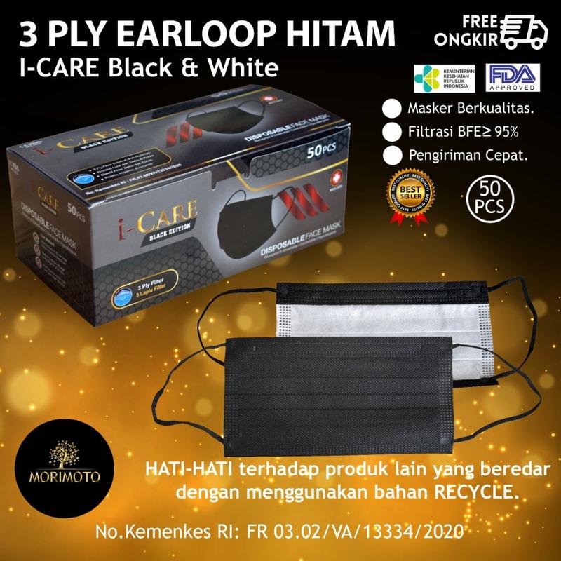 I-Care Masker Mulut KF94 Earloop Warna Hitam-Putih 1 Box Isi 50pcs untuk Dewasa & Remaja Efektif Menyaring Partikel, Debu, Kotoran, Mikroorganisme, Bakteri Kuman 1
