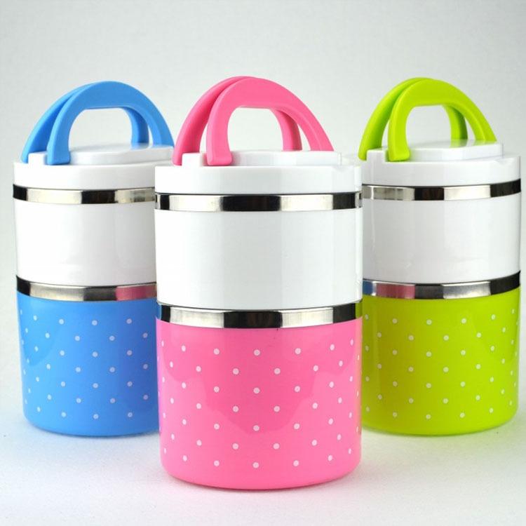 Camen Giữ Nhiệt Chấm Bi 2 Tầng 930ml - Cà Men Mang Cơm, Ủ Cháo, Đựng Canh - Chống Tràn, Có Quai Xách - Màu Ngẫu Nhiên