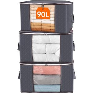 3 tapas para contenedores de almacenamiento de ropa con, bolsas de almacenamiento de manta plegables con cremalleras, ventana transparente y asas reforzadas, armario y organización para ropa, suéter, edredón,  Ropa de cama