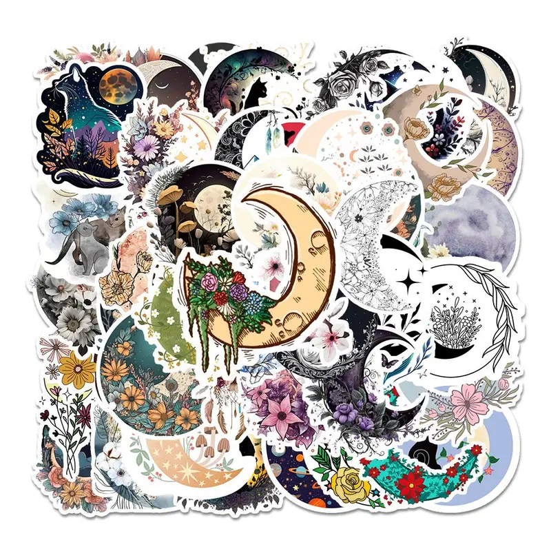 Moon & Flower & Star & Moon Pattern Sticker, 54pcs/pack Waterproof Self Adhesive Decor Paper, Decor Sticker for Gift Greeting Card Water Bottle Laptop 0