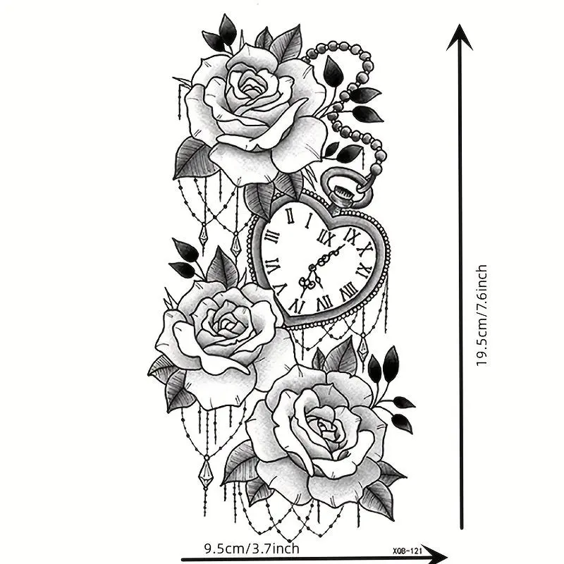 Rose & Clock Pattern Temporary Tattoo Sticker, 1 Count Waterproof Fake Tattoo Decals for Arms, Neck, Ankle, Legs, Body Art Stickers for Women & Men, Body Art Decoration 1