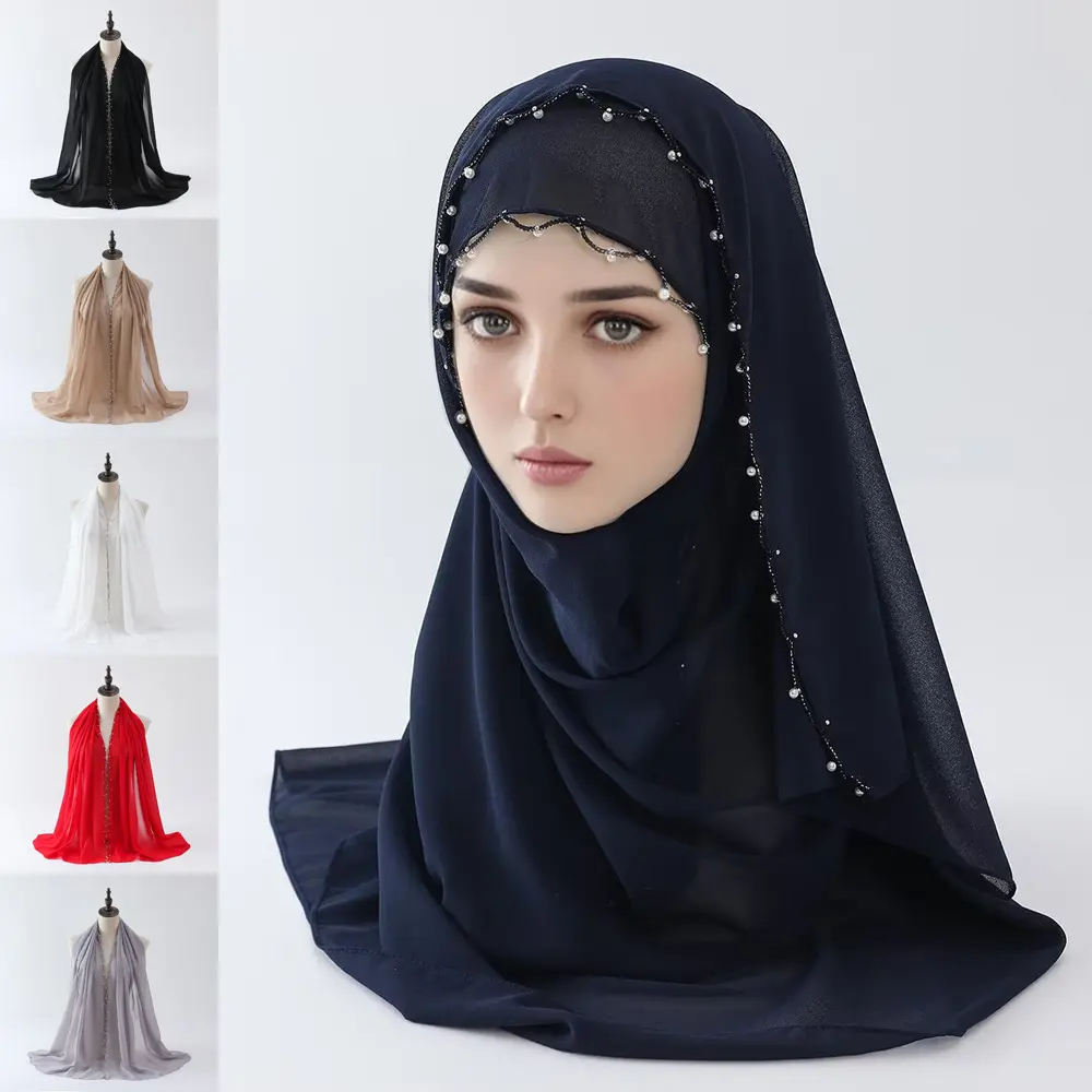 Solid Color Pearl Chiffon Wavy Edge Beaded Scarf Shawl