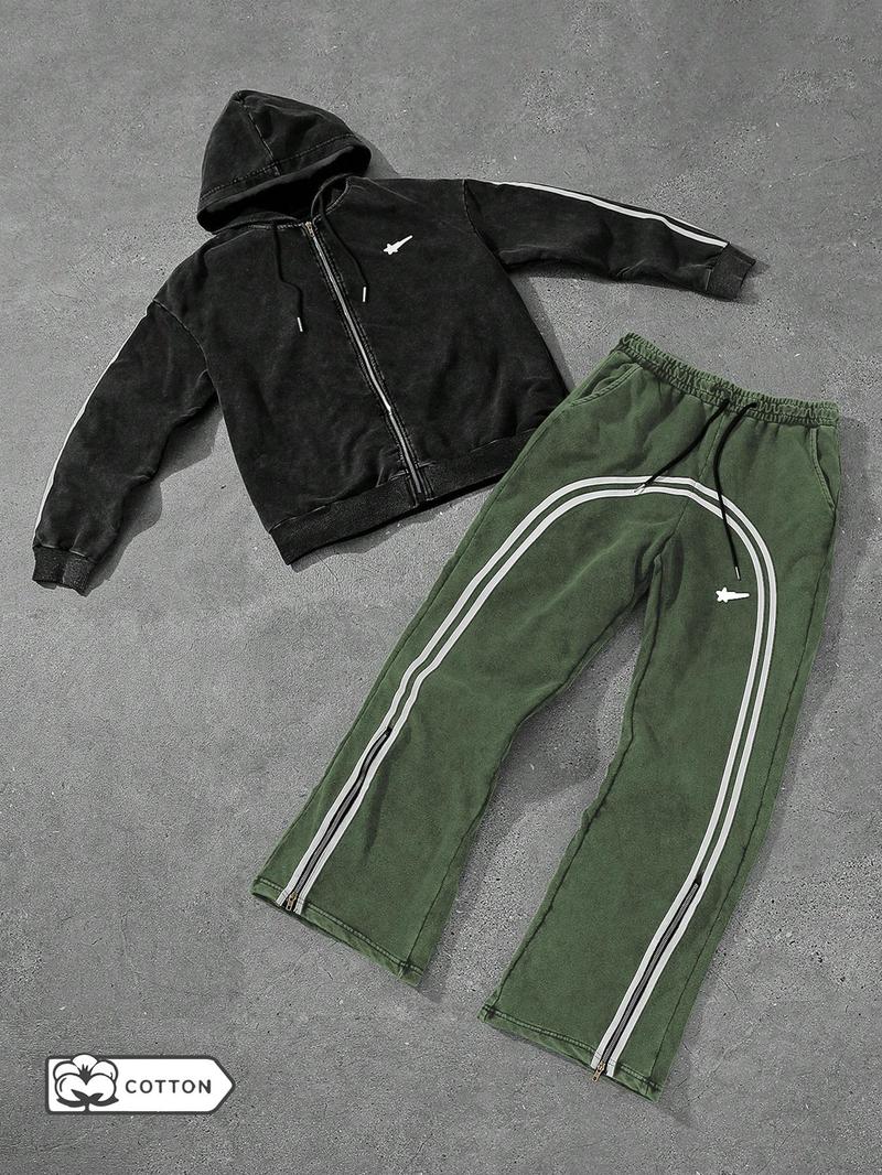 Product Introduction of Two-piece Set Men's Zip Up Hoodie & Sweatpants, Regular Fit Casual Long Sleeve Hooded Sweatshirt & Jogger Pants for Spring & Fall, Fashion Men's Two-piece for Daily Wear, Going Out Outfits, Cotton 3