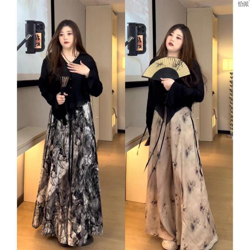 Product Introduction of plus Size Women's Clothing Fat Mm2023 New High-Grade Chinese Wear Anti-Wrinkle Top + Loose Slimming Printed Culottes 3