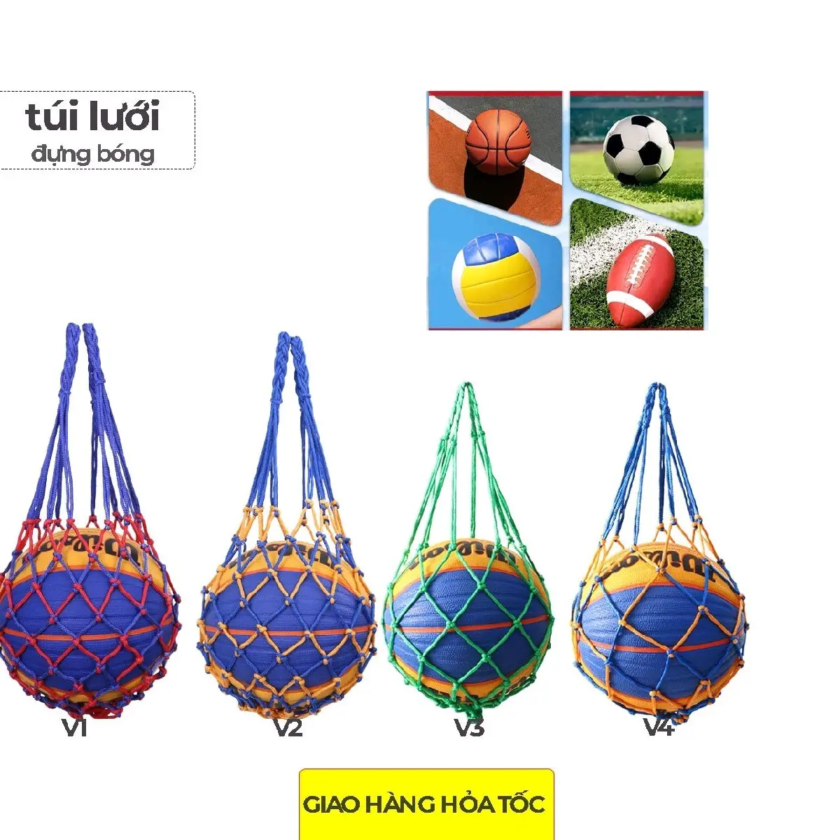 Túi lưới đựng Bóng rổ/ Bóng đá/ Bóng chuyền- tặng kèm kim bơm bóng