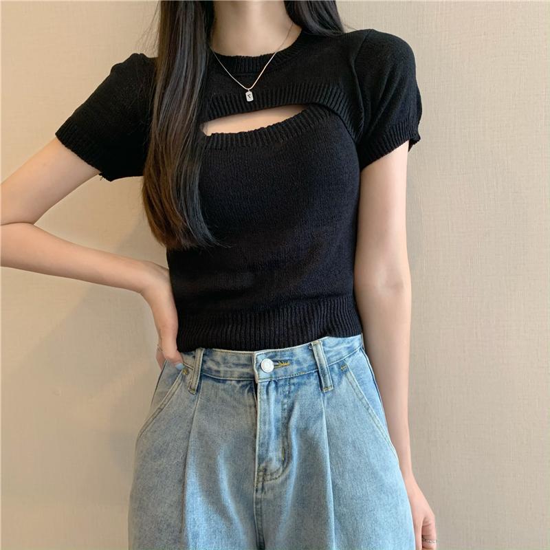 Product Introduction of Áo Len Dệt Kim Giả Hai Lớp, Thiết Kế Độc Đáo Sang Trọng Khoét Lỗ Áo Phông Ngắn Tay, Áo Ngắn Cô Gái Nóng Bỏng Mùa Hè, Phong Cách Instagram, Dành Cho Nữ, Bán Chạy Top Women Top Women 25