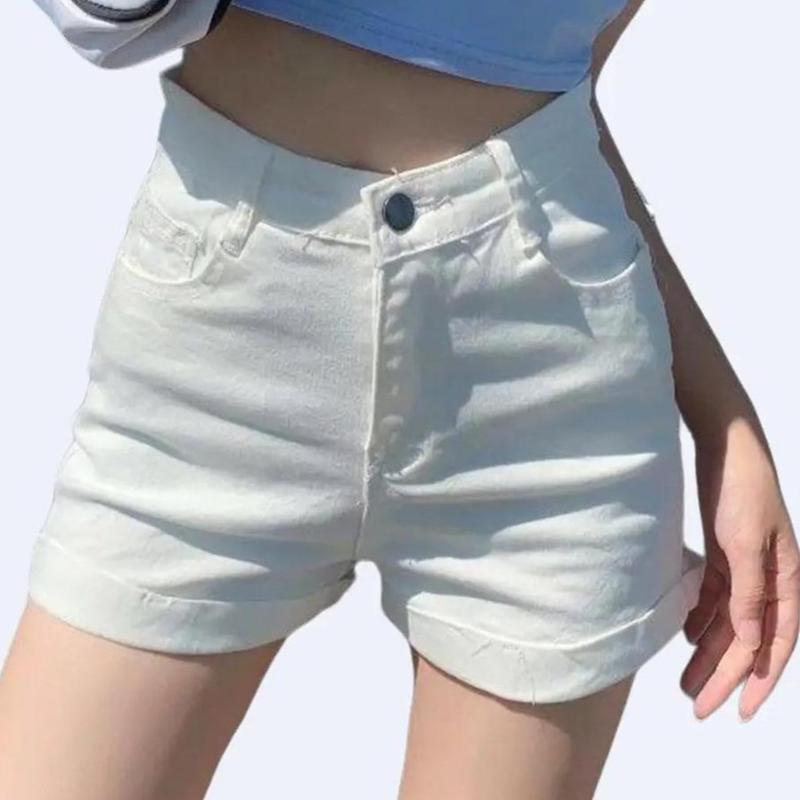 Quần Shorts Đùi Kaki Jean Denim Cạp Cao Lật Lai Túi Trước Sau Co Giãn ,Phom Ôm Body Tôn Dáng Pants Women Ong Lưng Cao Màu Trắng Nữ Ôm Dáng