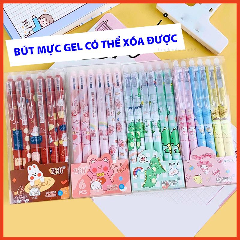 Bút Bi Xóa Được Nhiều Mẫu Cute 6 Cây , Bút Gel Xoá Được Dạng Bấm Hộp, Mực Xanh, Mực Đen Ngòi 0,5mm