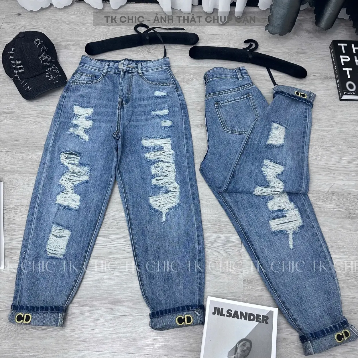 Quần Baggy Jean Nữ Lưng Cao Phối Rách Thêu Lai CD Ôm Body Tôn Dáng Không Co Giãn Nhiều Size - TK Chic