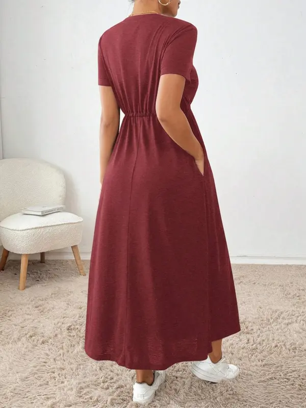 Women's Plain Pocket Dress, Elegant Fashion Casual Round Neck Short Sleeve Dress for Daily Outdoor Wear, Ladies Dress for All Seasons 8