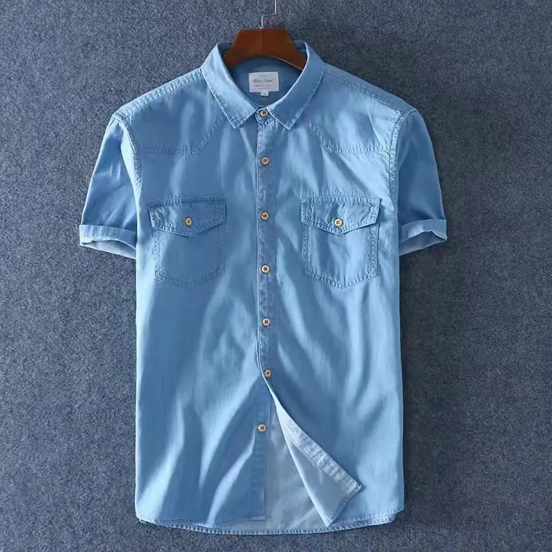 Áo Sơ Mi ngắn Tay Denim, Dành Cho Nam, Phong Cách Thường Ngày Màu Trơn Tay Lửng Áo, Áo Mặc Bên Ngoài Thời Trang, Áo Sơ Mi ngắn Tay, Làm Bằng 100% Cotton