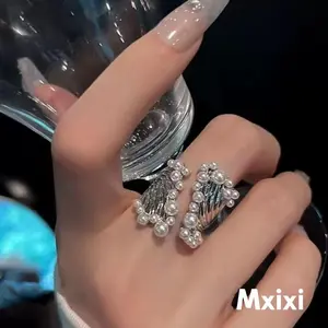 [Mxixi] Cincin perak lebar mutiara berlapis desain berlubang unik ekstrem buka baru populer untuk wanita K155