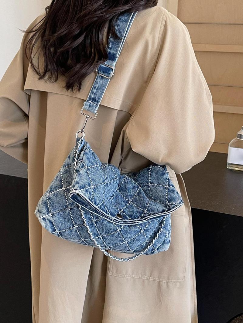 Product Introduction of Women's Elegant Denim Purse Crossbody Bag, Fashionable Chain Decor Crossbody Bag, Trendy All-match Shoulder Bag for Daily Use 6