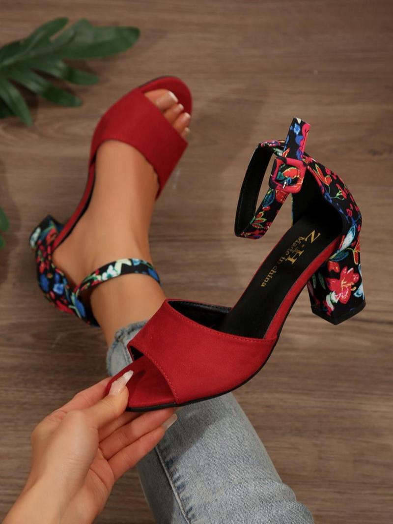 Product Introduction of Fashionable Floral Pattern High Heel Sandals, Elegant Retro Sandals for Women, Trendy All-match & Exquisite Sandals for Summer, Footwear 3