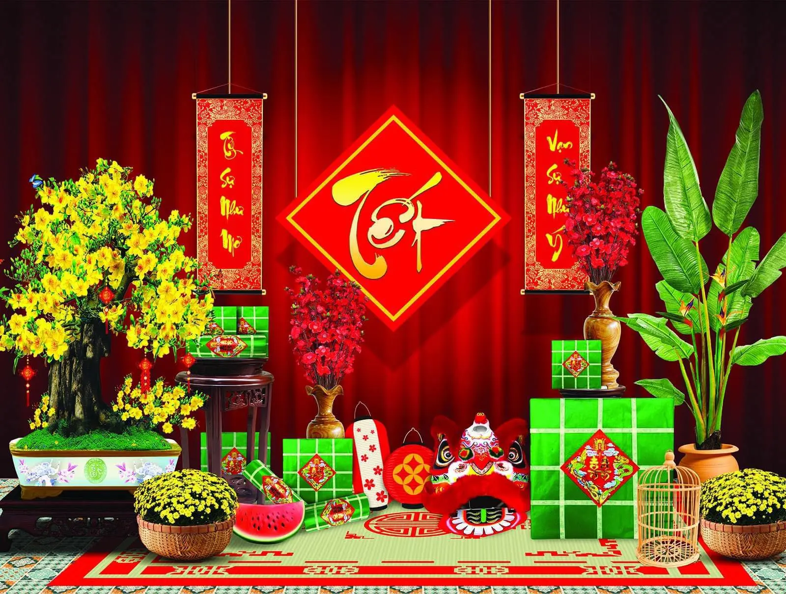 Phông nền chụp ảnh Tết / Phông trang trí Tết 2024 / decor Tết Xưa