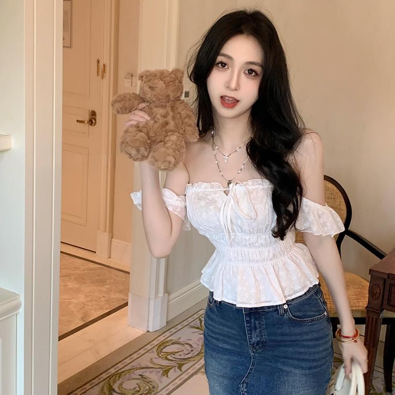 Áo Cúp Ngực Kiểu Trễ Vai Tay Bèo PINKSTORE29 Nhún Eo Xinh Xắn A51414