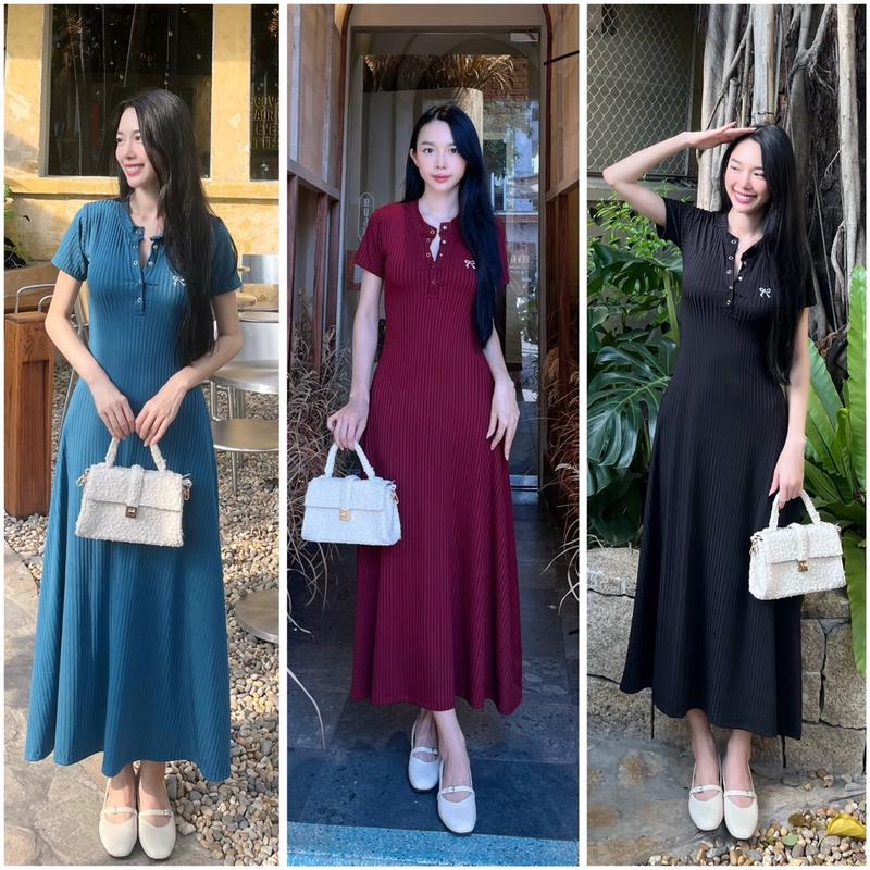 D030 Đầm body tay ngắn phối nơ gân thêu đũa form Lửng có độ co giãn Thông thường Nữ Women Dress