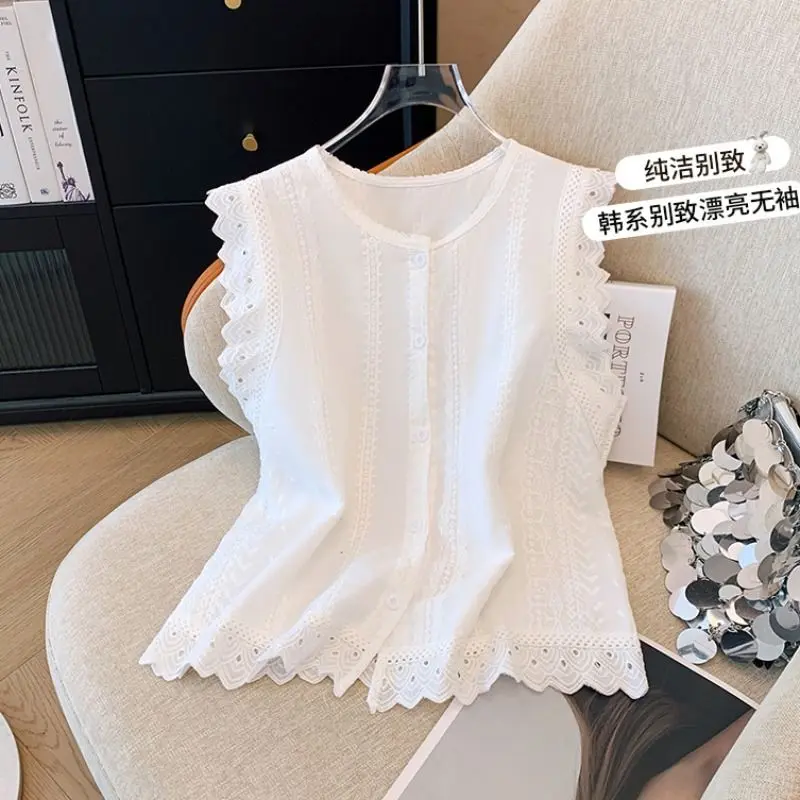 Áo Sơ Mi Ren Kiểu Pháp, Không Tay, Áo Vest 2025, Hàng Mới Về Cho Mùa Hè, Áo Sơ Mi Thanh Lịch, Dáng Rộng Vừa Vặn, Áo Trên