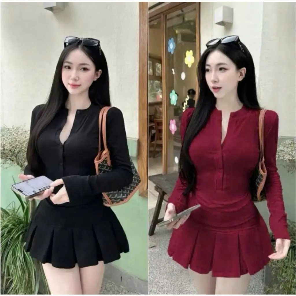 Set thời trang thu đông áo tay dài có nút kèm chân váy có quần bảo hộ - Un In Store Bs049