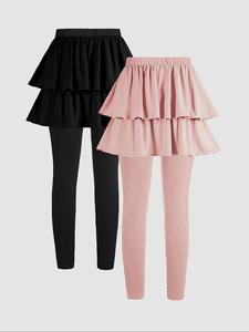 Girl's Solid 2 in 1 Ruffle Trim Pants, Casual Comfy Skinny  Trousers  for Daily Wear, Kids Bottoms for All Seasons