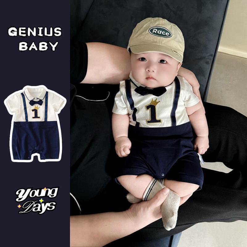 Áo Liền Quần Ngắn Tay, Phong Cách Yearling, Cho Bé Trai Và Bé Gái, Làm Bằng Bông, Ghép Nối, Phong Cách Học Viện, Thích Hợp Cho 0-24 Tháng Quần Áo Trẻ Em, Lý Tưởng Cho Lễ Hội Mùa Xuân Và Chụp Ảnh Sinh Nhật, Hàng Mới Về Mùa Hè